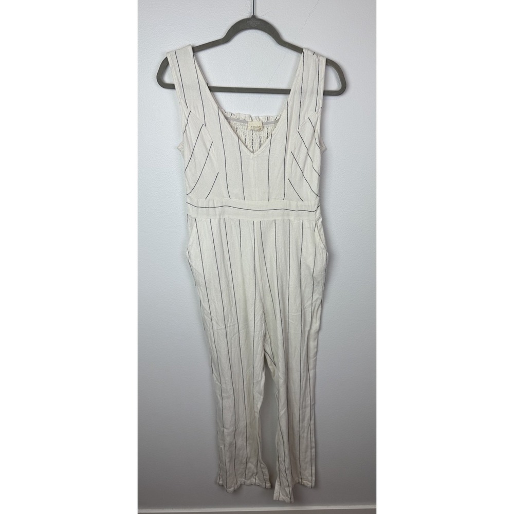 Melloday Linen Blend Sleeveless Striped Jumpsuit Off White Sz Large